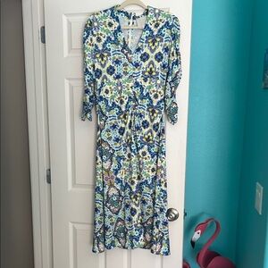 Johnny Was Blue and Green Floral Midi Dress
